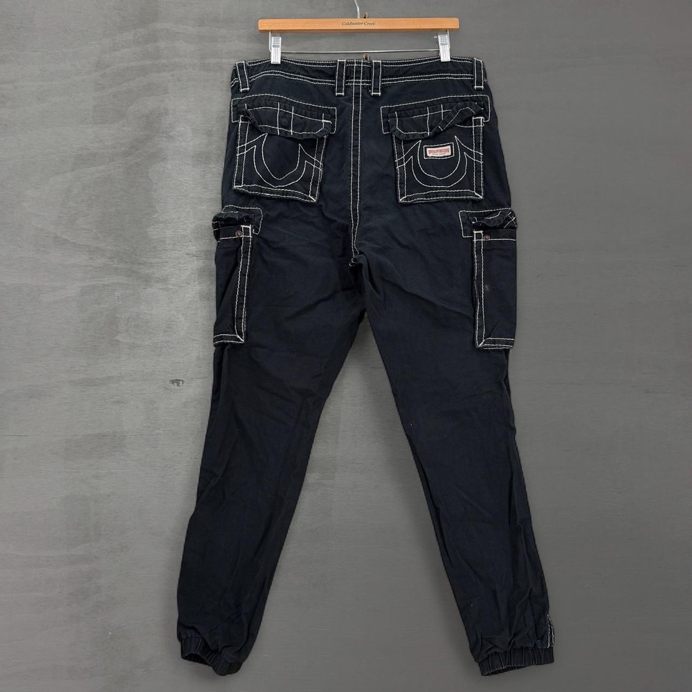 True Religion Cargo Jogger Pants Black Big T Contrast Stitch Size 34